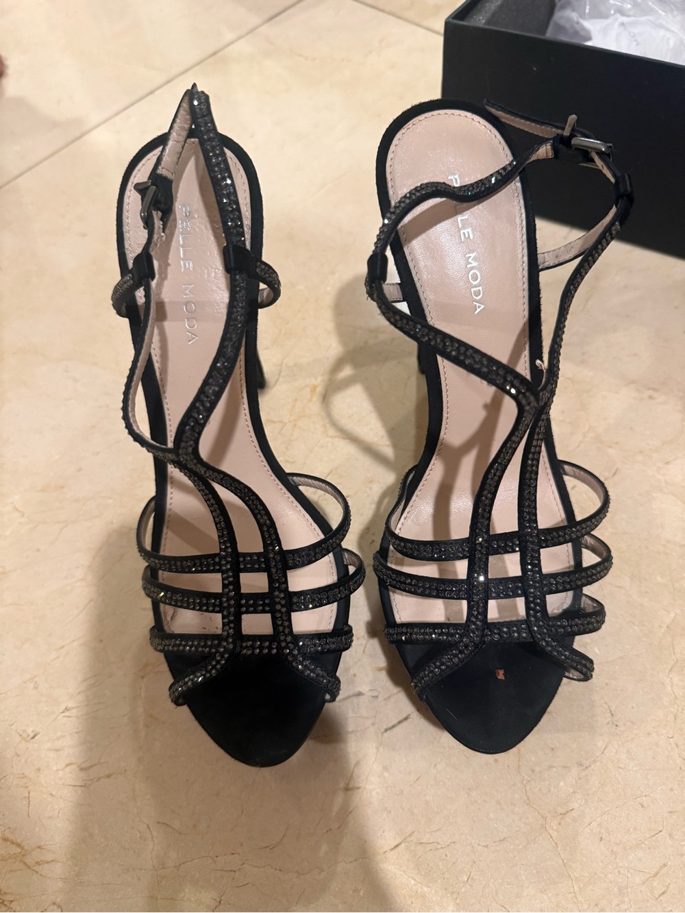 Pelle Moda Black Strappy Crystal-Trim Heels